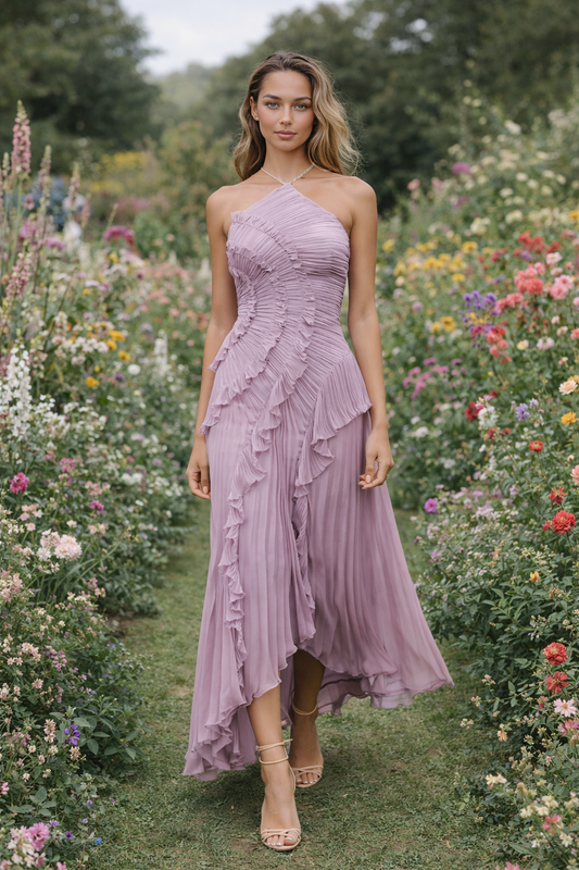 ROXY|VESTIDO LARGO ASIMÉTRICO PLISADO CON VOLANTES