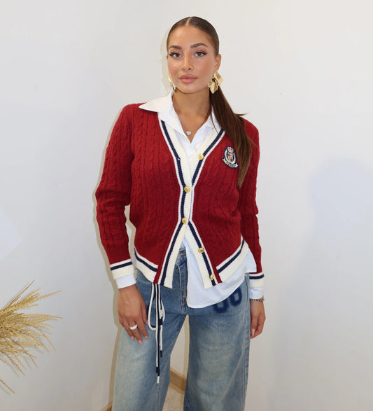 CÁRDIGAN DE PUNTO BURDEOS ESTILO PREPPY - Ada Cepeda Shop