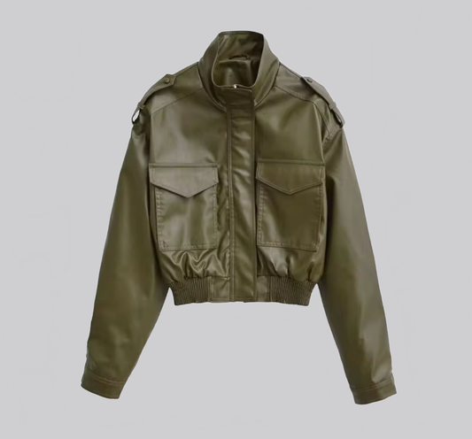 VALENTINA|CHAQUETA CORTA DE CUERO SINTÉTICO CON CUELLO - Ada Cepeda Shop