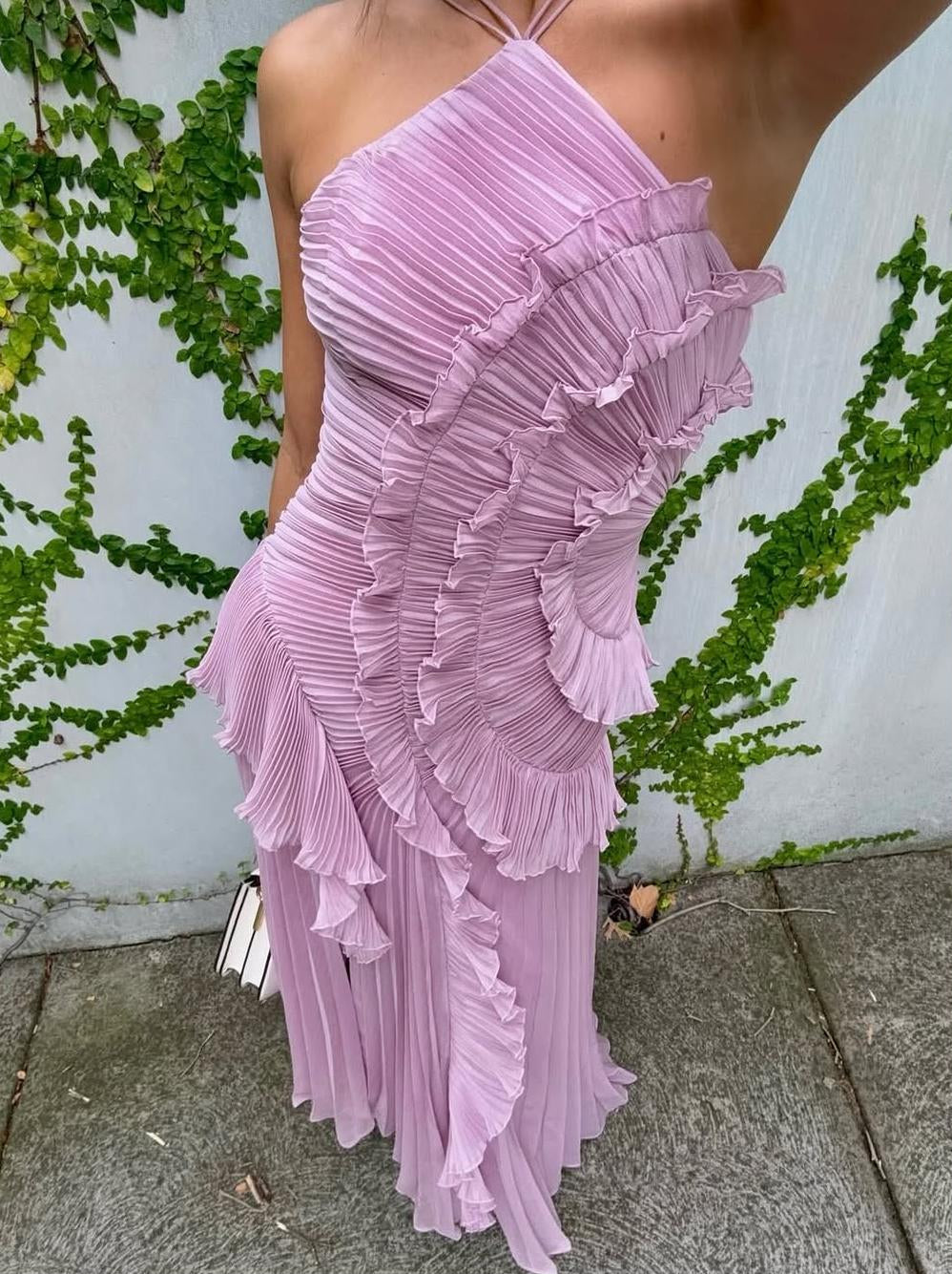 ROXY|VESTIDO LARGO ASIMÉTRICO PLISADO CON VOLANTES