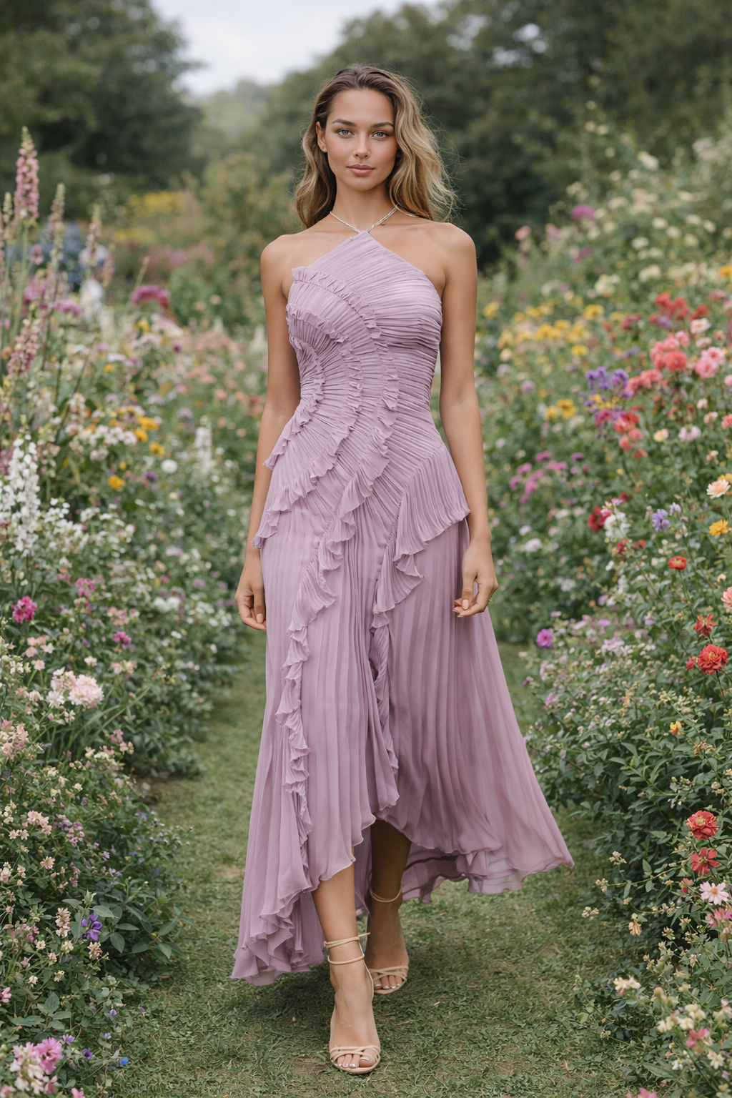 ROXY|VESTIDO LARGO ASIMÉTRICO PLISADO CON VOLANTES