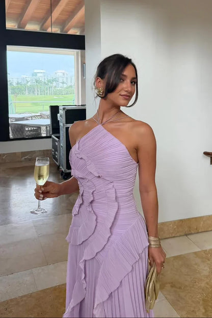 ROXY|VESTIDO LARGO ASIMÉTRICO PLISADO CON VOLANTES