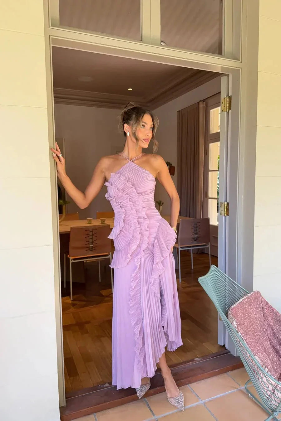 ROXY|VESTIDO LARGO ASIMÉTRICO PLISADO CON VOLANTES