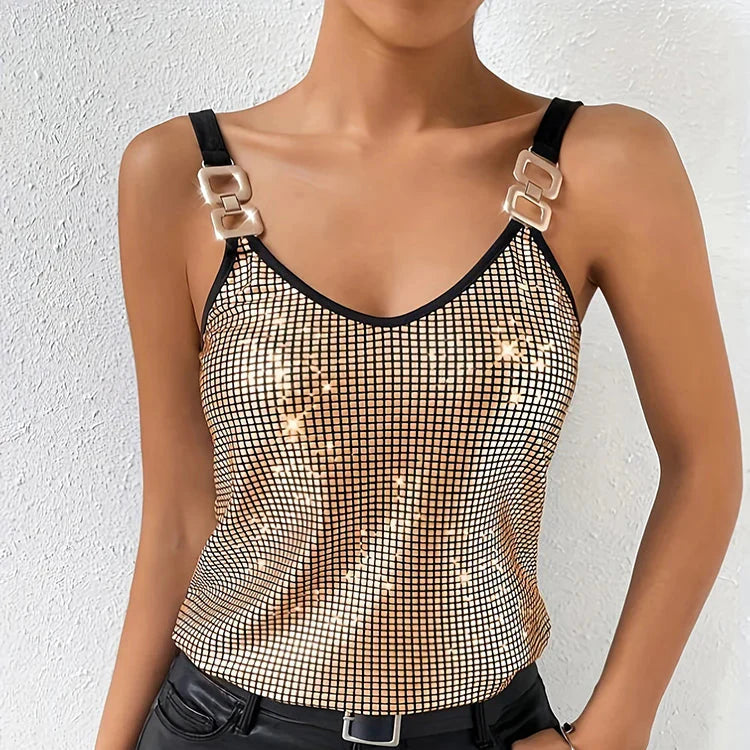 FUTURI|CAMISETA BRILLO METÁLICO CON TIRANTES DECORATIVOS - Ada Cepeda Shop