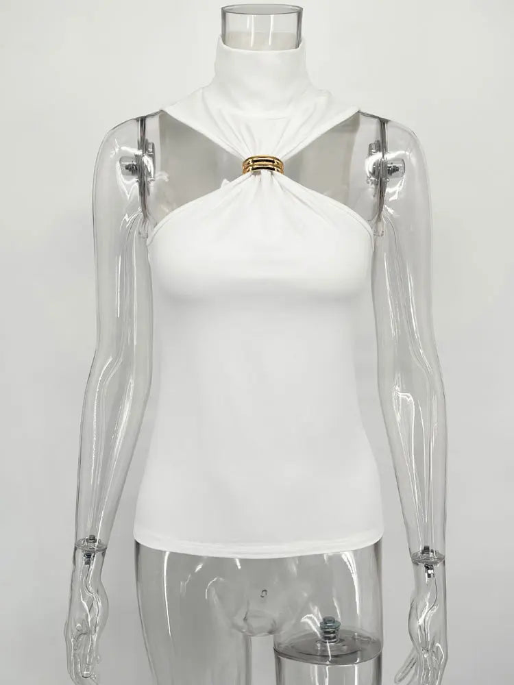 JAVI|VESTIDO HALTER AJUSTADO CON DETALLE DORADO - Ada Cepeda Shop