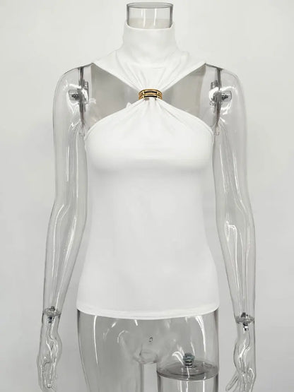 JAVI|VESTIDO HALTER AJUSTADO CON DETALLE DORADO - Ada Cepeda Shop