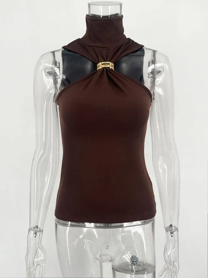 JAVI|VESTIDO HALTER AJUSTADO CON DETALLE DORADO - Ada Cepeda Shop