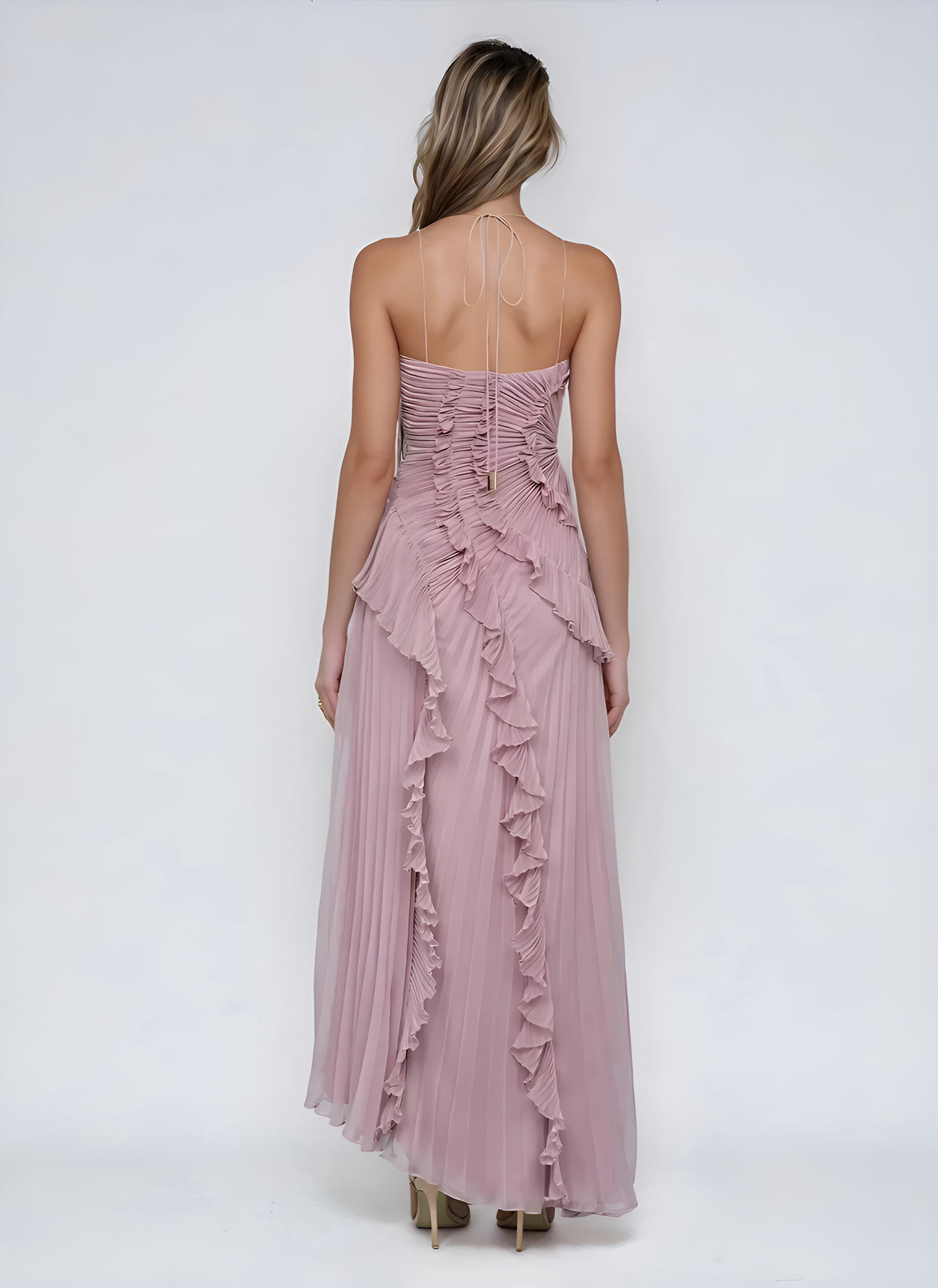 ROXY|VESTIDO LARGO ASIMÉTRICO PLISADO CON VOLANTES