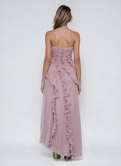 ROXY|VESTIDO LARGO ASIMÉTRICO PLISADO CON VOLANTES