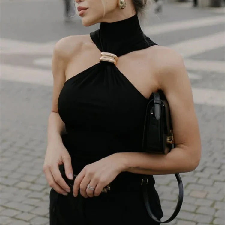 JAVI|VESTIDO HALTER AJUSTADO CON DETALLE DORADO - Ada Cepeda Shop