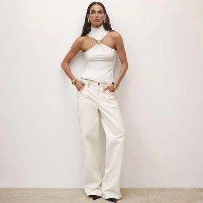 JAVI|VESTIDO HALTER AJUSTADO CON DETALLE DORADO - Ada Cepeda Shop