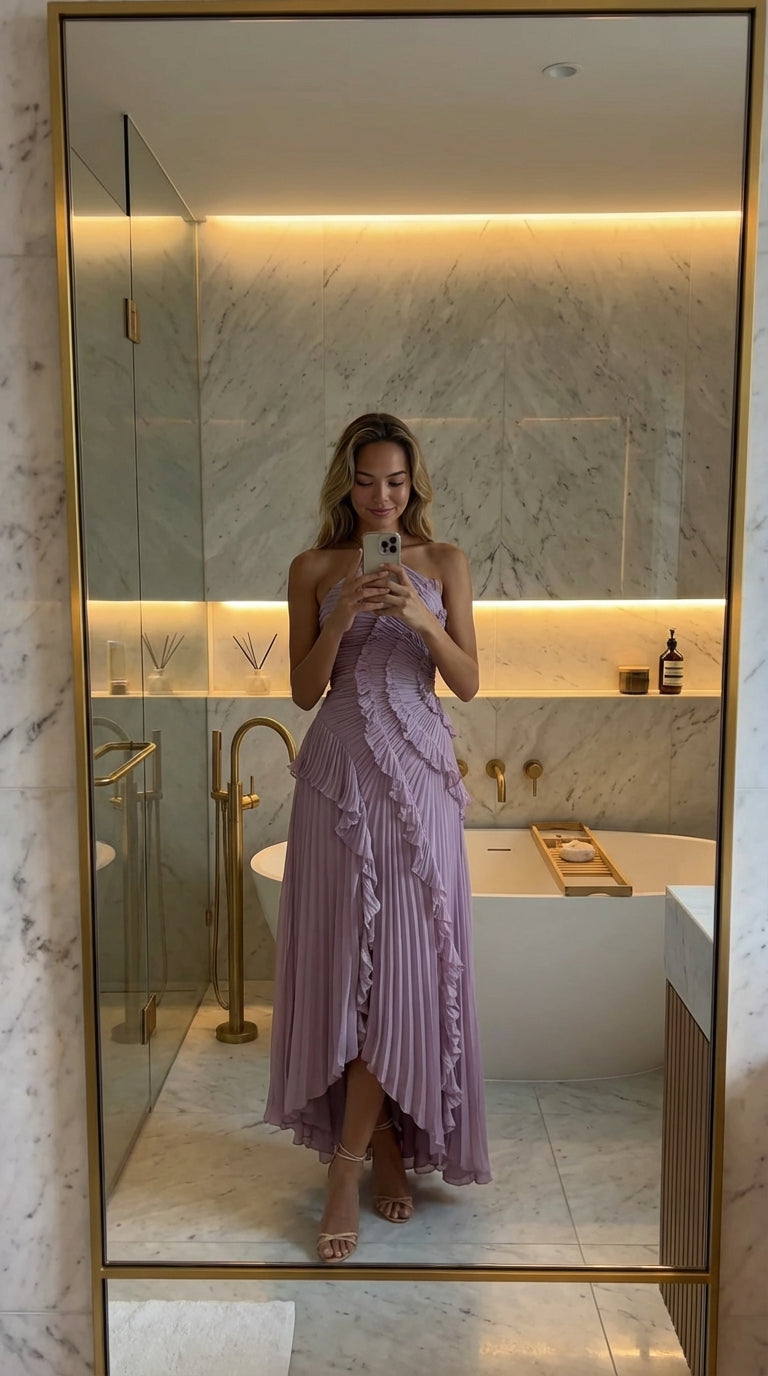 ROXY|VESTIDO LARGO ASIMÉTRICO PLISADO CON VOLANTES