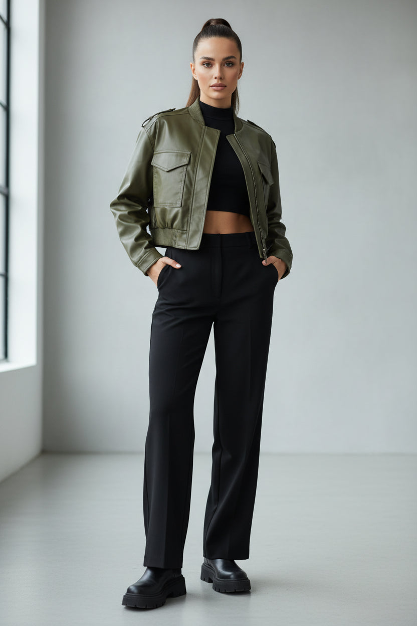 VALENTINA|CHAQUETA CORTA DE CUERO SINTÉTICO CON CUELLO - Ada Cepeda Shop