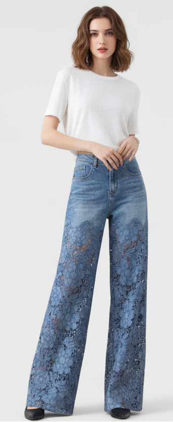 VANESA|PANTALÓN DENIM CON ENCAJE FLORAL