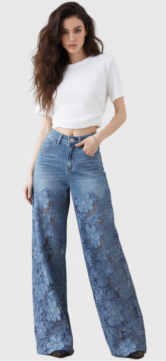 VANESA|PANTALÓN DENIM CON ENCAJE FLORAL