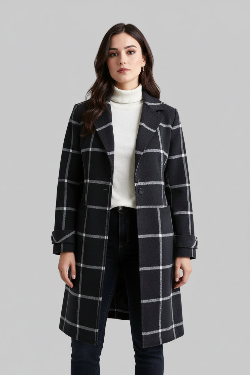 MARINA|ABRIGO LARGO DE CUADROS ELEGANTE PARA MUJER - Ada Cepeda Shop