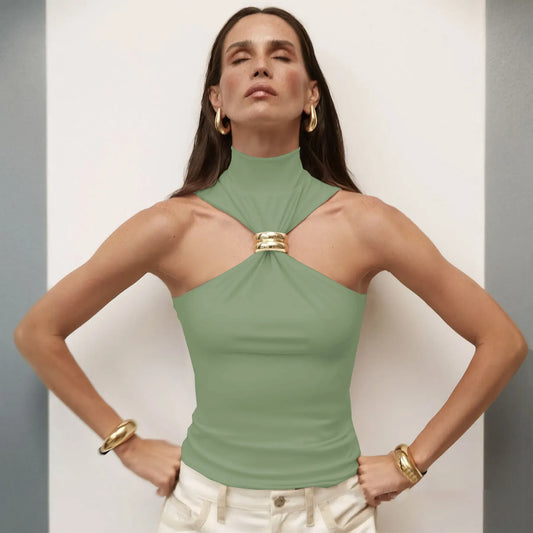 TOP HALTER ASIMÉTRICO CON DETALLE METÁLICO - Ada Cepeda Shop