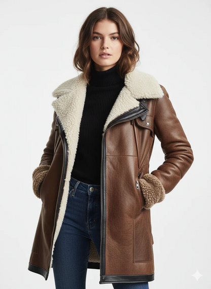 ABRIGO AVIADOR DE EFECTO PIEL MARRÓN CON FORRO BORREGO - Ada Cepeda Shop