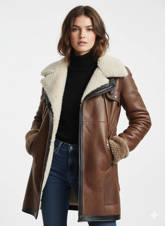 ABRIGO AVIADOR DE EFECTO PIEL MARRÓN CON FORRO BORREGO - Ada Cepeda Shop
