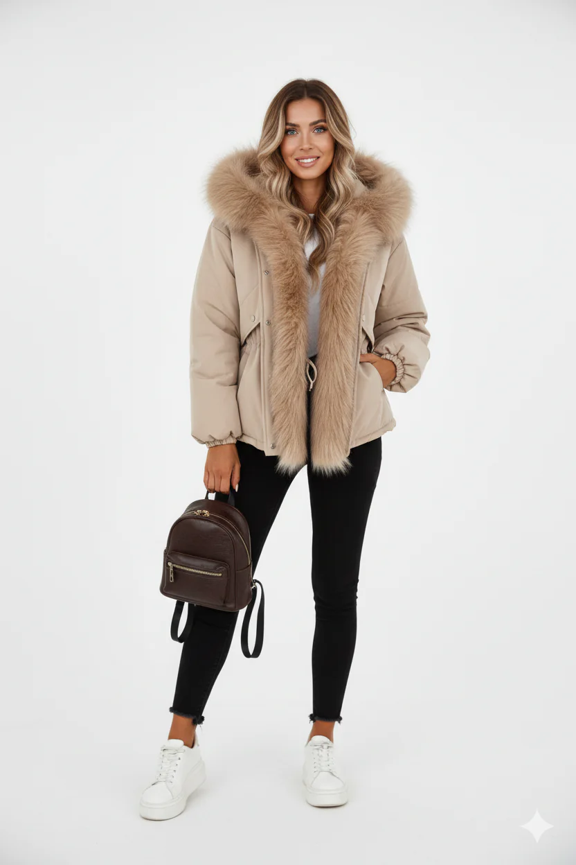 ABRIGO ACOLCHADO BEIGE CON CAPUCHA Y CUELLO DE PELO SINTÉTICO - Ada Cepeda Shop