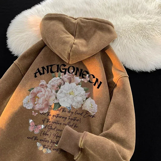 SUDADERA OVERSIZE VINTAGE CON CAPUCHA Y ESTAMPADO FLORAL - Ada Cepeda Shop