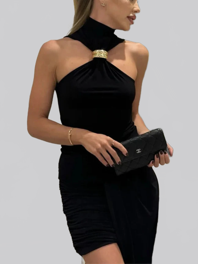 JAVI|VESTIDO HALTER AJUSTADO CON DETALLE DORADO - Ada Cepeda Shop