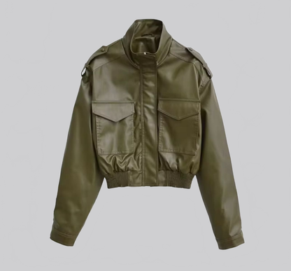 VALENTINA|CHAQUETA CORTA DE CUERO SINTÉTICO CON CUELLO - Ada Cepeda Shop