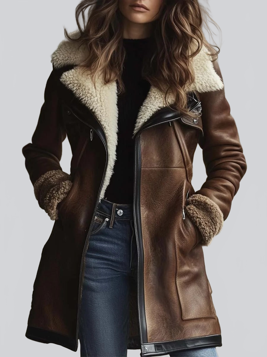 ABRIGO AVIADOR DE EFECTO PIEL MARRÓN CON FORRO BORREGO - Ada Cepeda Shop