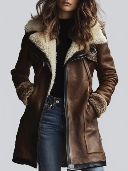 ABRIGO AVIADOR DE EFECTO PIEL MARRÓN CON FORRO BORREGO - Ada Cepeda Shop