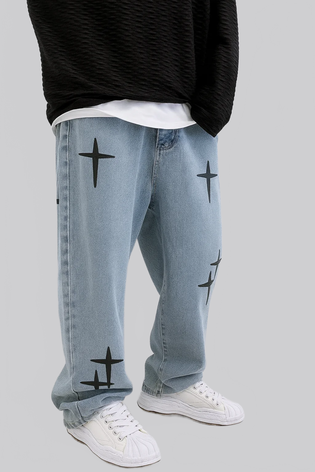 PANTALÓN DE MEZCLILLA AZUL CLARO WIDE LEG CON ESTAMPADO GRÁFICO - Ada Cepeda Shop