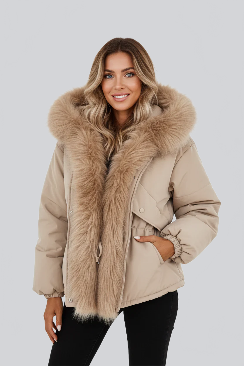 ABRIGO ACOLCHADO BEIGE CON CAPUCHA Y CUELLO DE PELO SINTÉTICO - Ada Cepeda Shop